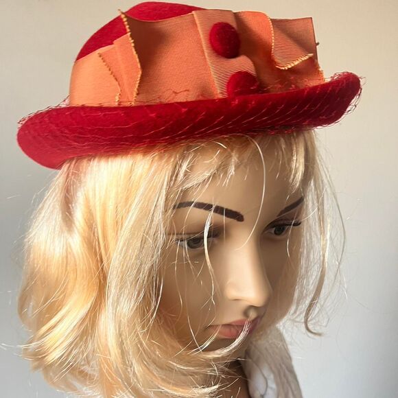 Vintage 60s Womens Red Wool Bowler Hat Orange Grosgrain Ribbon Netting Buttons main image 7